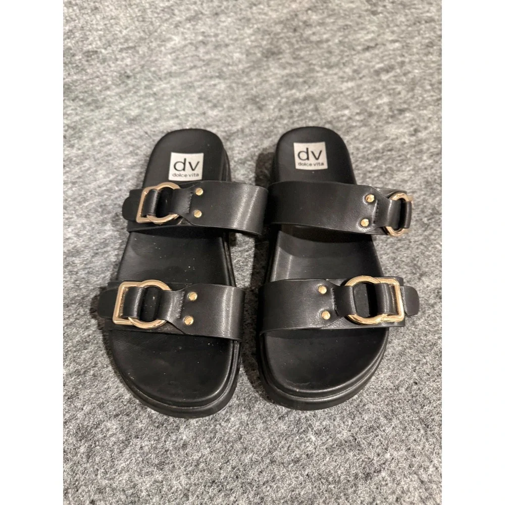 DV Dolce Vita Unique Black Double Strap Buckle Platform Slide Sandals Womens 8